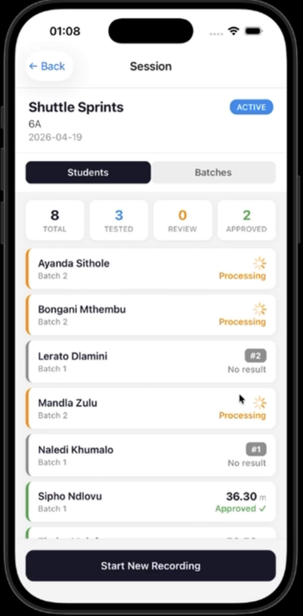 Vigour teacher app · live shuttle-sprint session · per-student status