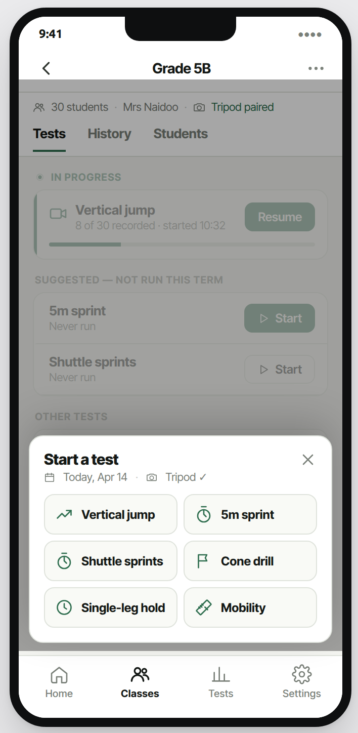 Vigour teacher app · start-a-test modal · all 9 tests