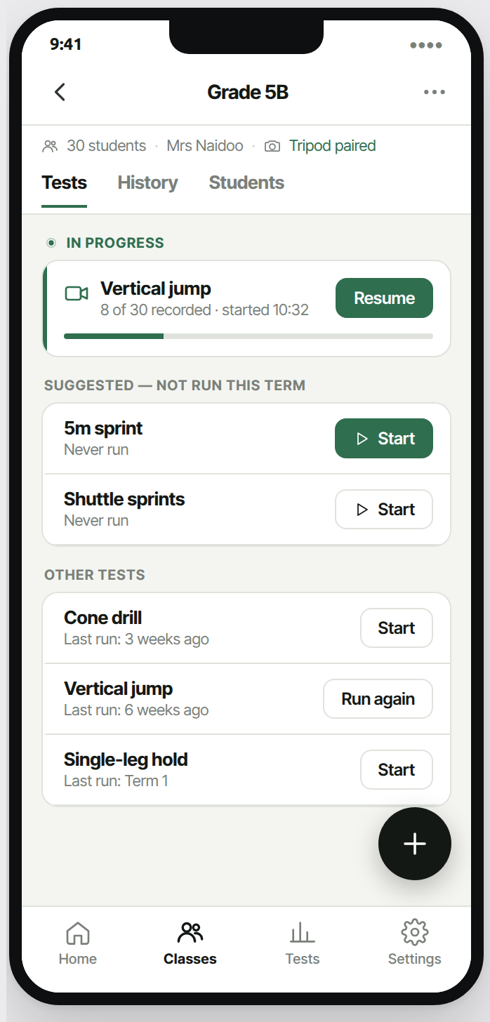 Schools Testing App · class capture session with per-student measurables